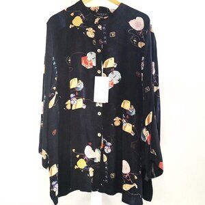 Citron Silk Longline Blouse Jacket Womens 3X Black Floral Mandarin Asian Luxury
